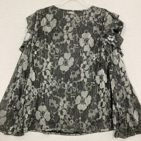 New Michael Michael Kors Gray White Floral Metallic Round Neck Ruffle Top Large - Picture 8 of 9